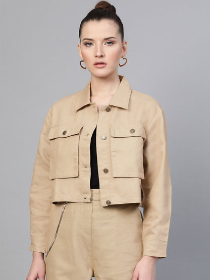 Women's Beige Boxy Denim Jacket