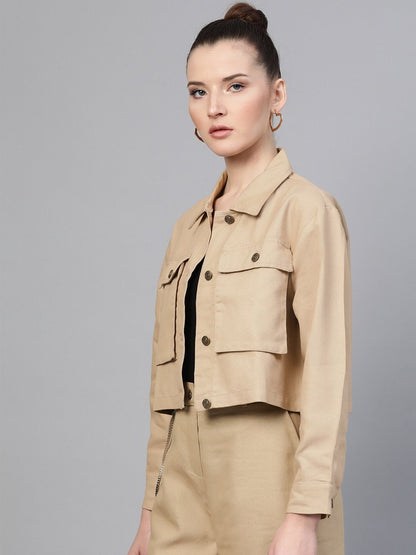 Women's Beige Boxy Denim Jacket