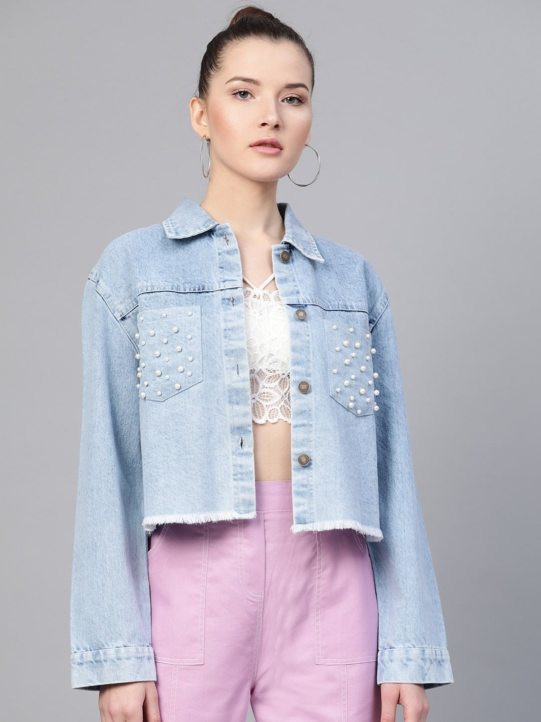 Women's Ice Blue Denim Pearl Pocket Jacket