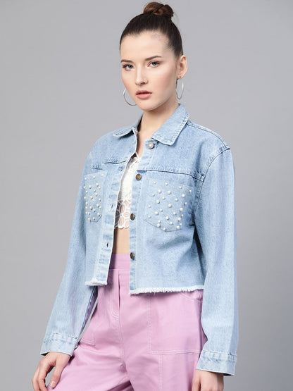 Women's Ice Blue Denim Pearl Pocket Jacket