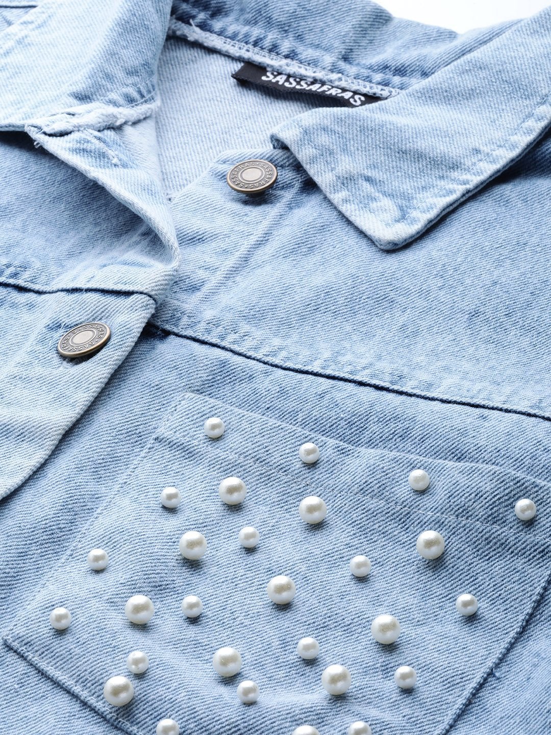Women's Ice Blue Denim Pearl Pocket Jacket