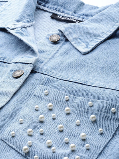 Women's Ice Blue Denim Pearl Pocket Jacket