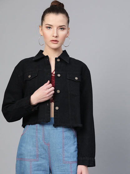 Women's Black Denim Raw Edge Jacket
