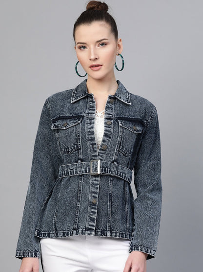 Women's Black Acid Wash Belted Denim Jacket