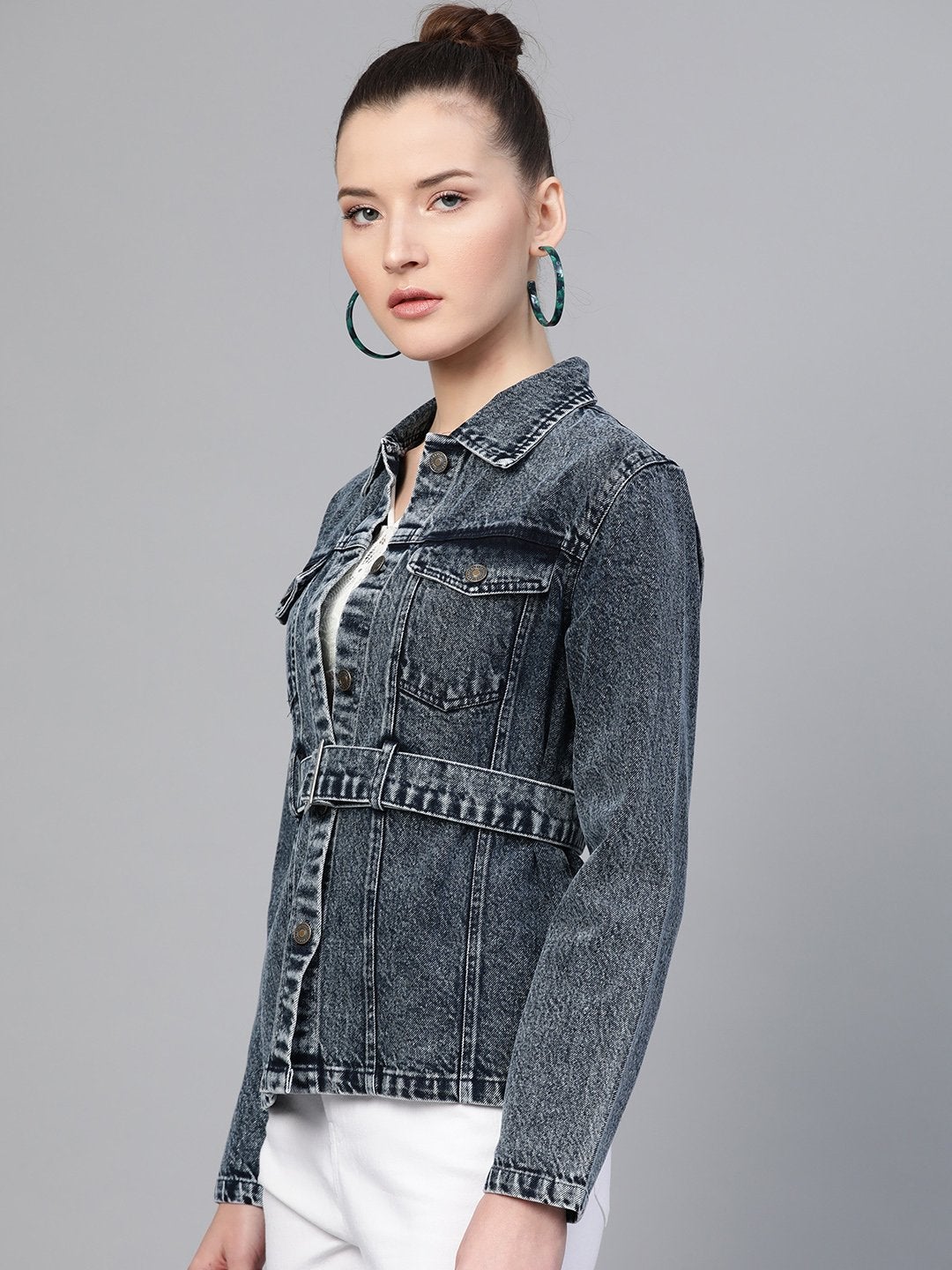 Women's Black Acid Wash Belted Denim Jacket