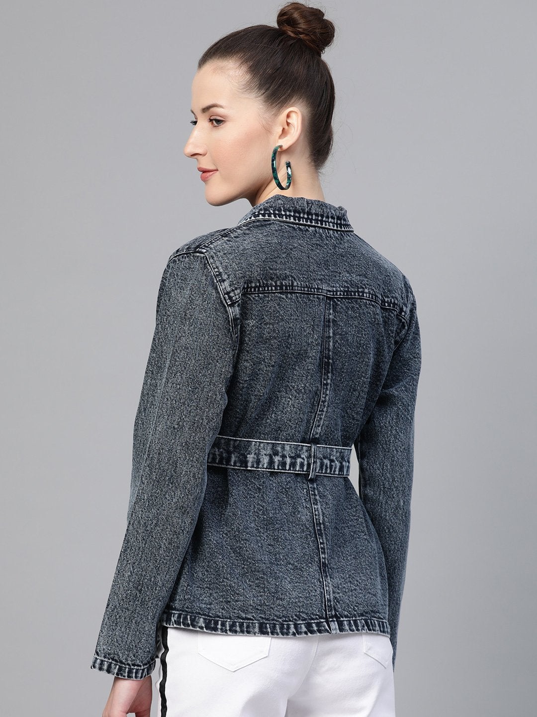 Women's Black Acid Wash Belted Denim Jacket