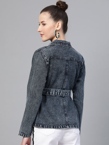 Women's Black Acid Wash Belted Denim Jacket