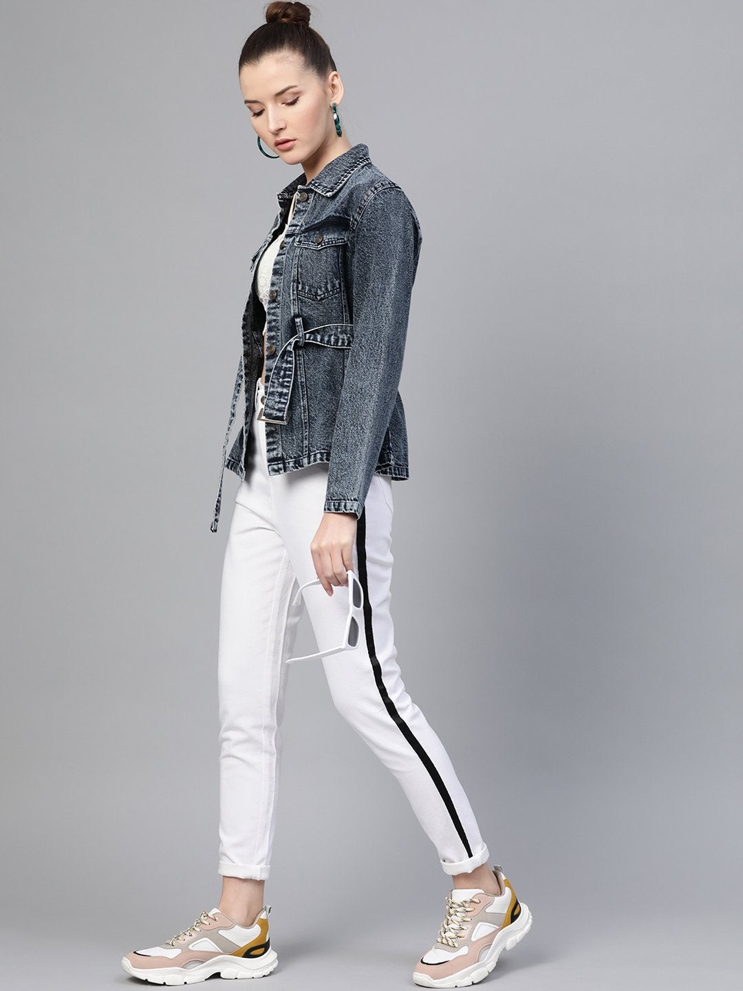 Women's Black Acid Wash Belted Denim Jacket