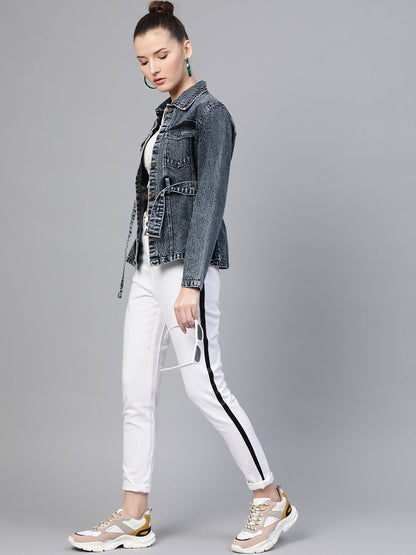 Women's Black Acid Wash Belted Denim Jacket