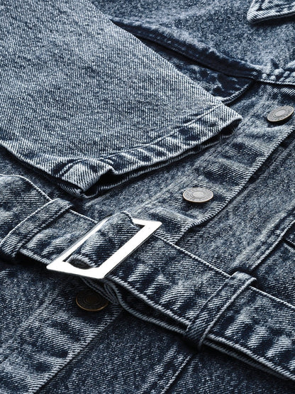 Women's Black Acid Wash Belted Denim Jacket