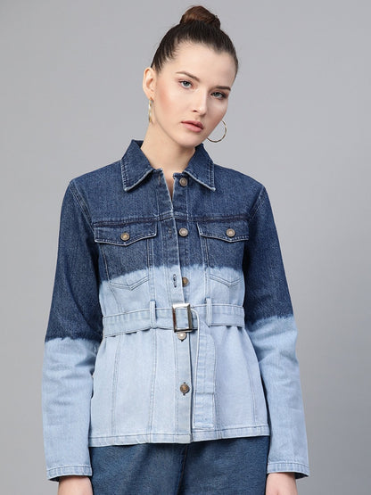Women's Navy & Blue Ombre Wash Belted Denim Jacket