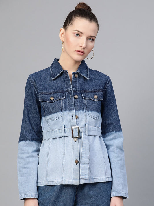 Women's Navy & Blue Ombre Wash Belted Denim Jacket