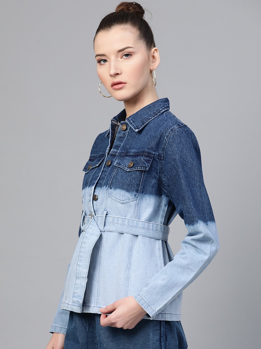 Women's Navy & Blue Ombre Wash Belted Denim Jacket