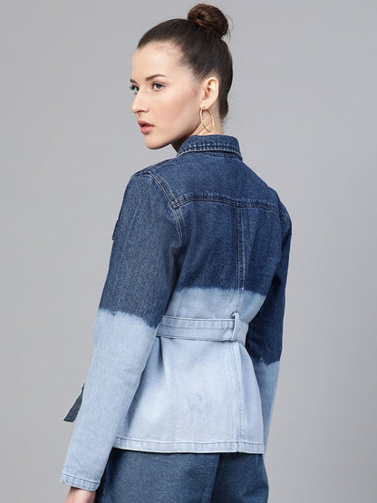 Women's Navy & Blue Ombre Wash Belted Denim Jacket