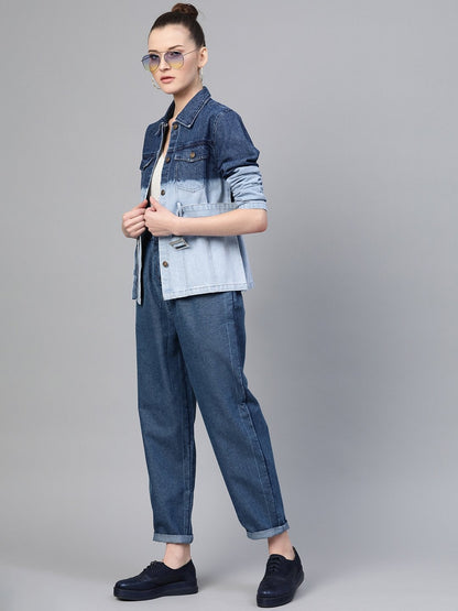 Women's Navy & Blue Ombre Wash Belted Denim Jacket