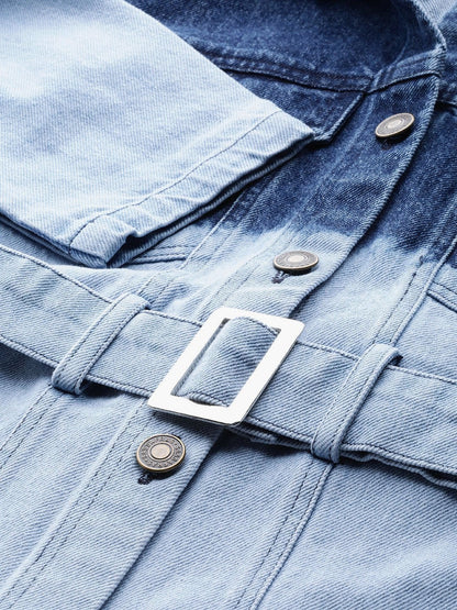 Women's Navy & Blue Ombre Wash Belted Denim Jacket