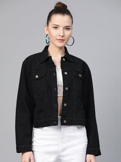 Women's Black Distress Look Denim Jacket