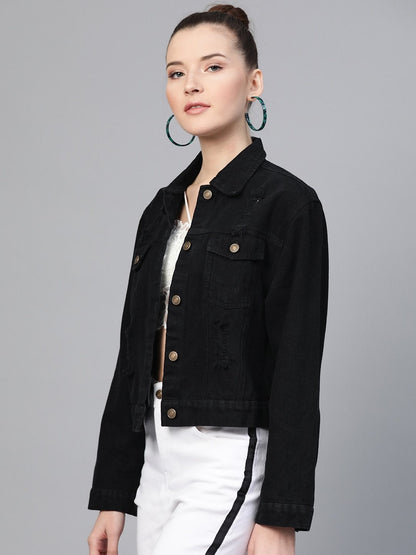 Women's Black Distress Look Denim Jacket