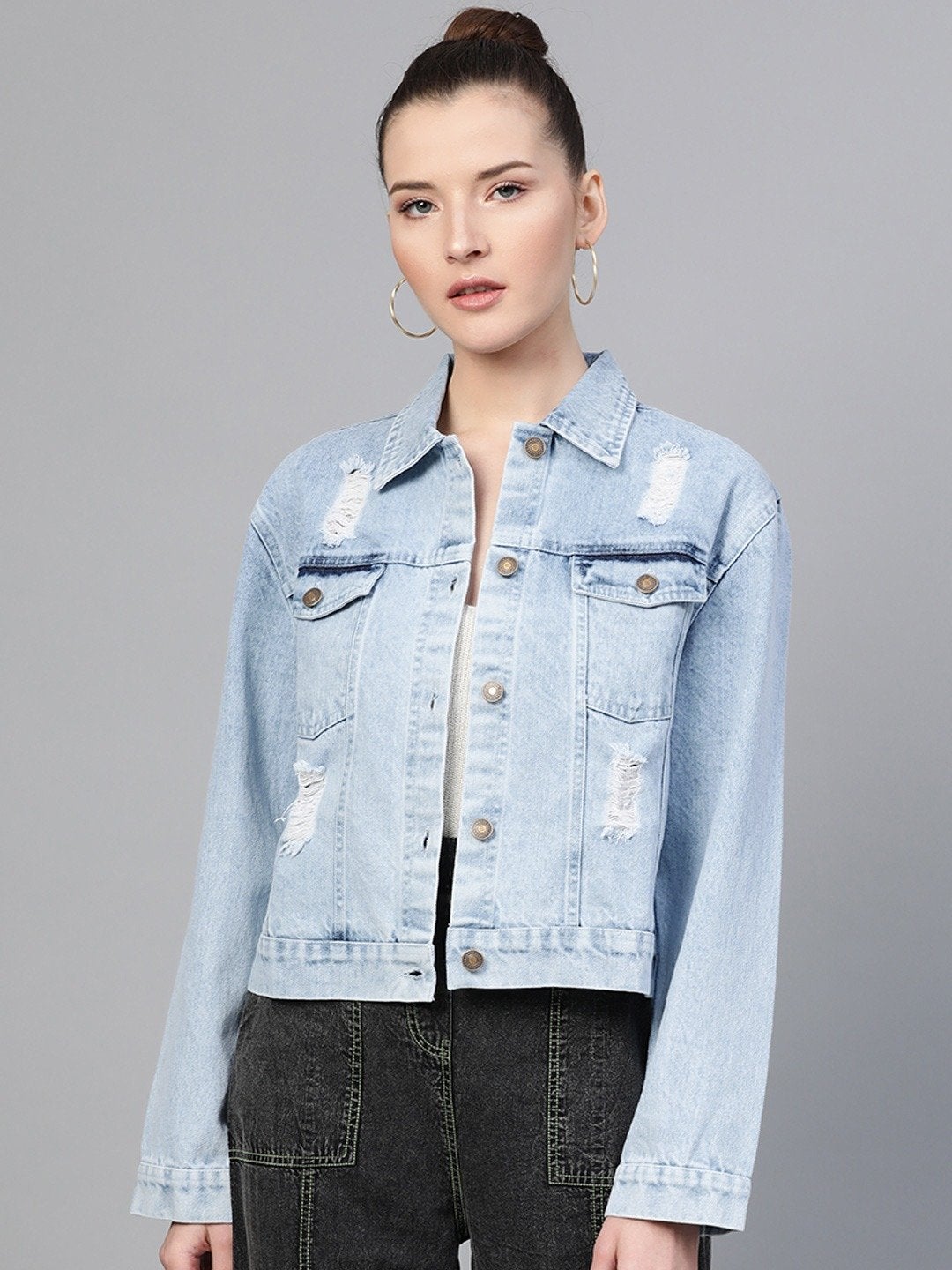 Women's Ice Blue Distress Look Denim Jacket