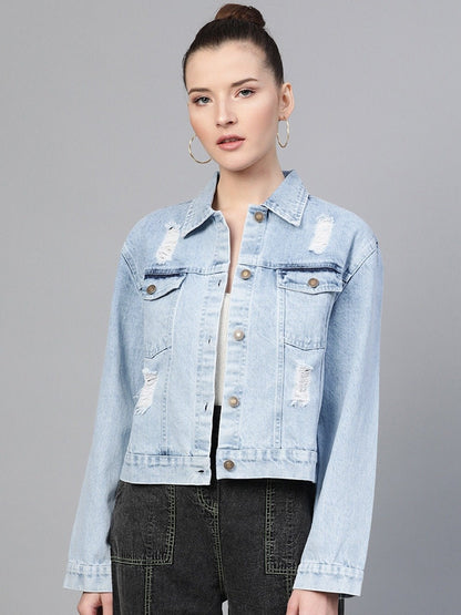 Women's Ice Blue Distress Look Denim Jacket