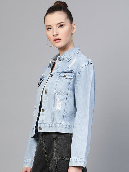 Women's Ice Blue Distress Look Denim Jacket