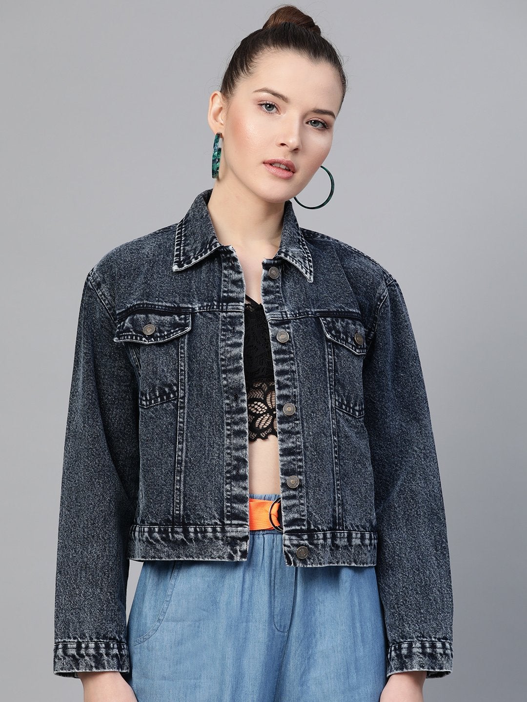 Women's Black Acid Wash Boxy Denim Jacket