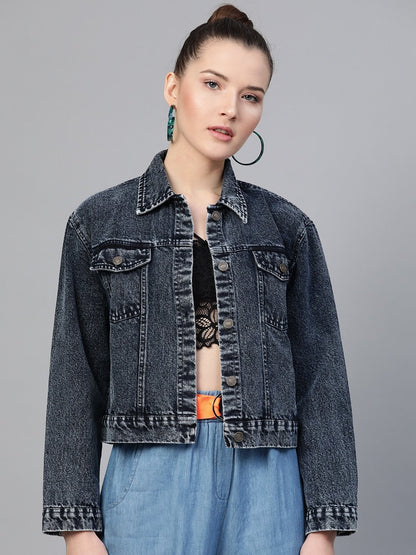 Women's Black Acid Wash Boxy Denim Jacket