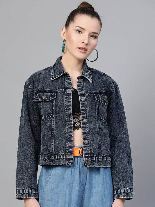 Women's Black Acid Wash Boxy Denim Jacket