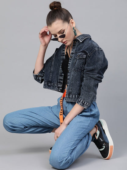 Women's Black Acid Wash Boxy Denim Jacket