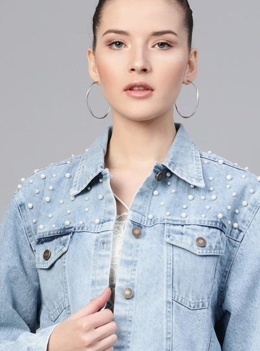 Women's Ice Blue Pearl Spead Denim Jacket