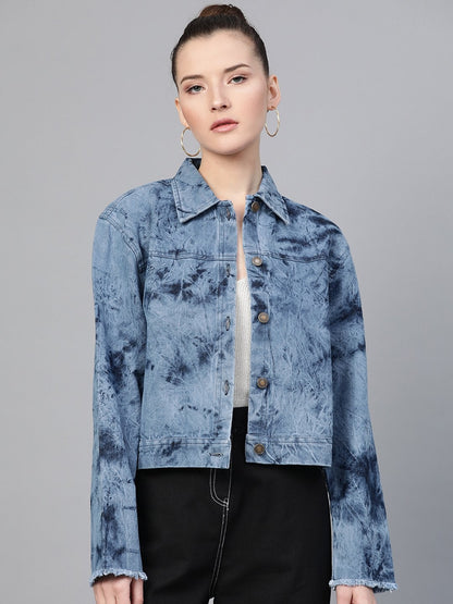 Women's Ice Blue Tie-Dye Acid Wash Denim Jacket