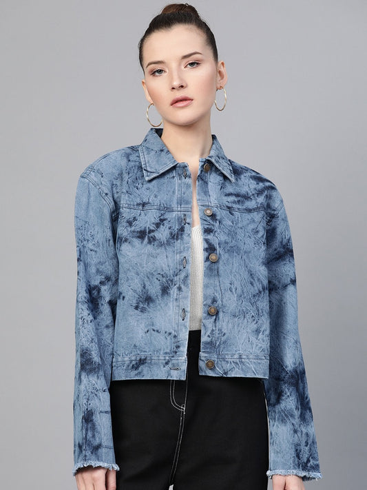 Women's Ice Blue Tie-Dye Acid Wash Denim Jacket