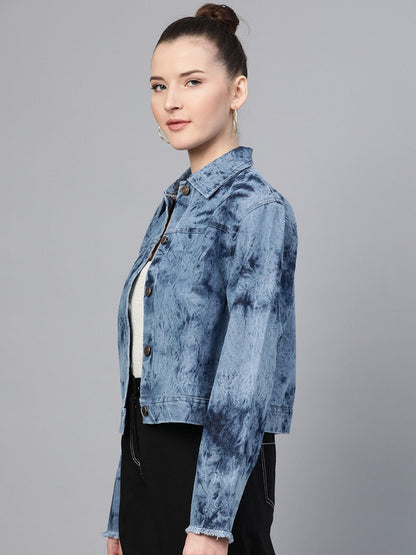 Women's Ice Blue Tie-Dye Acid Wash Denim Jacket