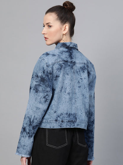 Women's Ice Blue Tie-Dye Acid Wash Denim Jacket