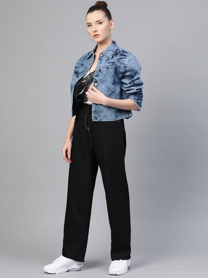 Women's Ice Blue Tie-Dye Acid Wash Denim Jacket