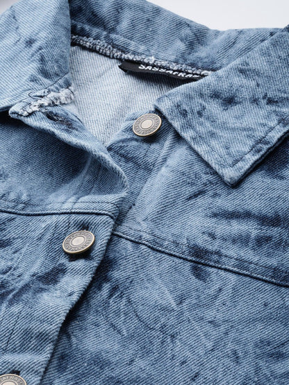 Women's Ice Blue Tie-Dye Acid Wash Denim Jacket