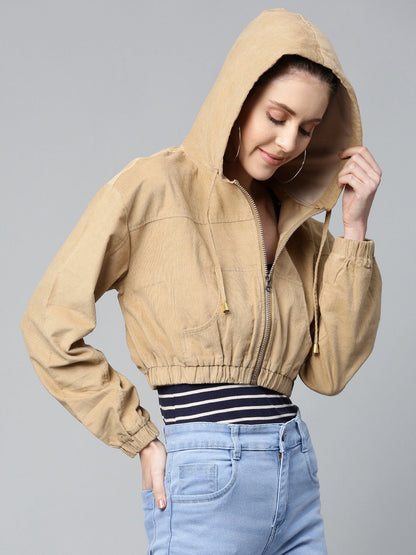 Women's Beige Hooded Boxy Corduroy Crop Jacket