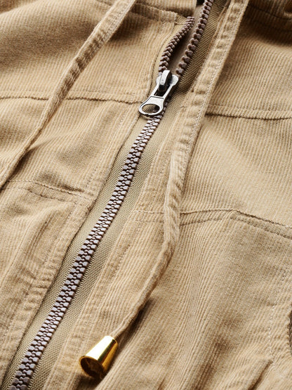 Women's Beige Hooded Boxy Corduroy Crop Jacket