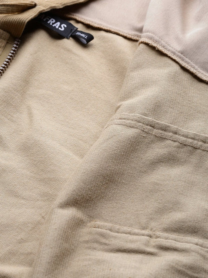 Women's Beige Hooded Boxy Corduroy Crop Jacket