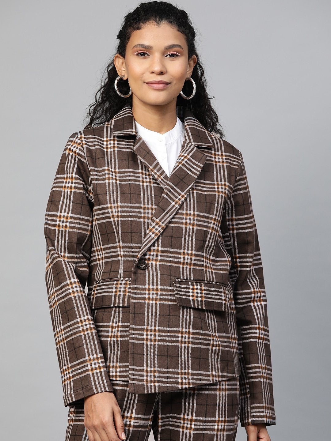 Women's Brown Check Wrap Twill Blazer