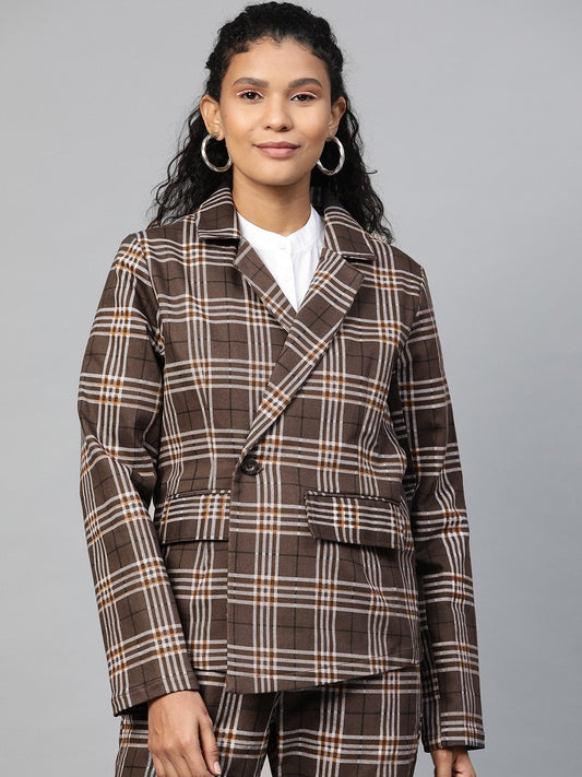 Women's Brown Check Wrap Twill Blazer