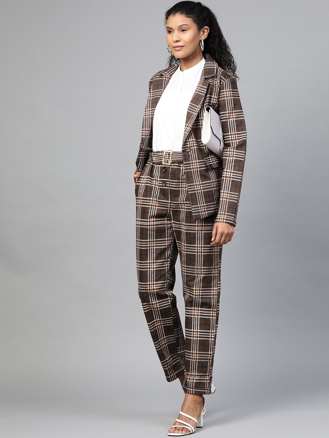 Women's Brown Check Wrap Twill Blazer