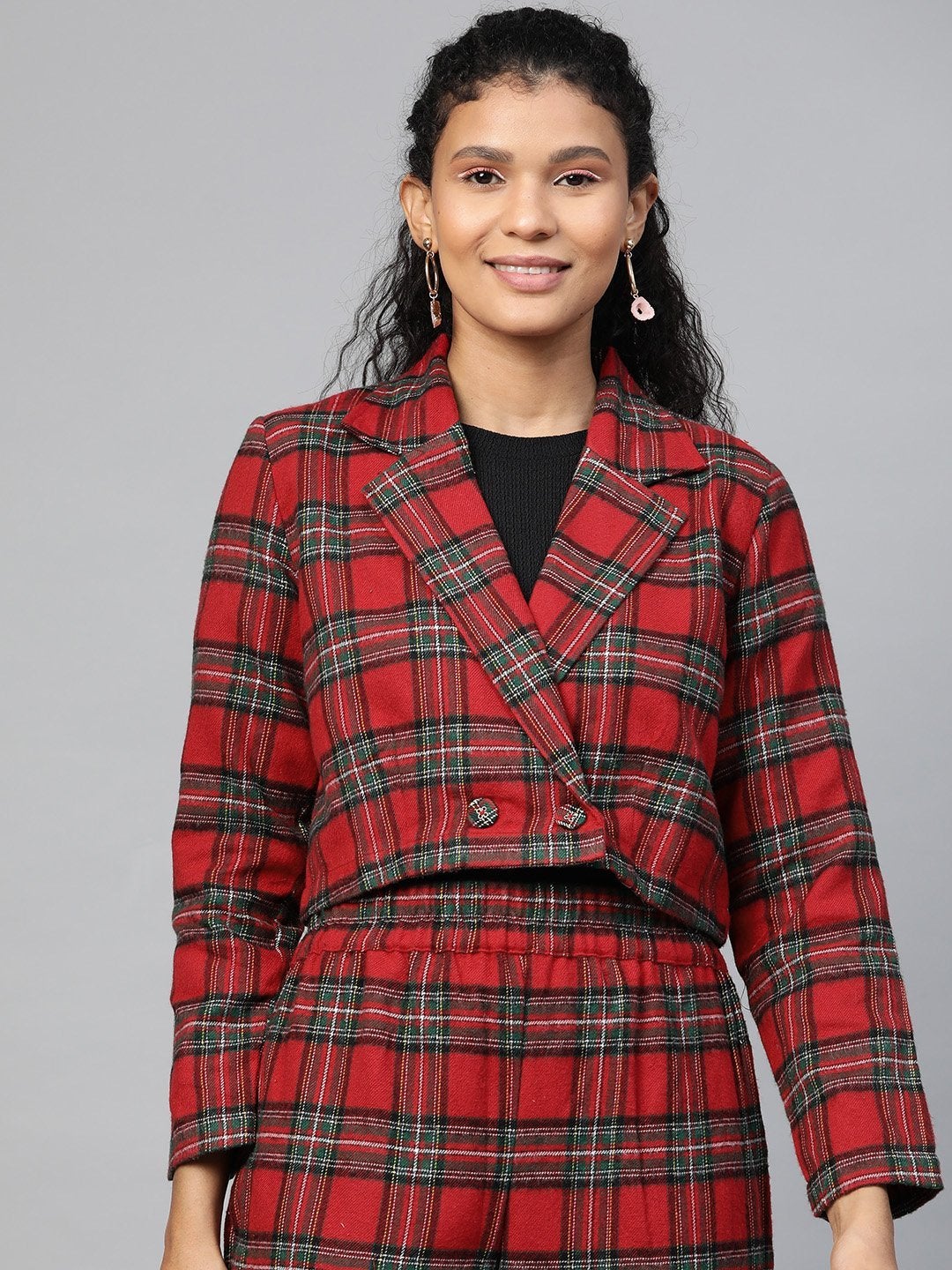 Women's Red Check Crop Blazer