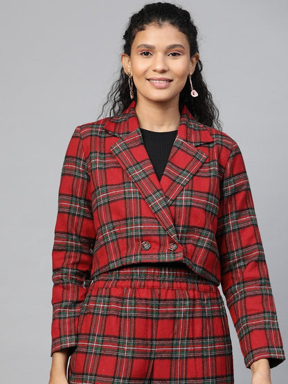 Women's Red Check Crop Blazer