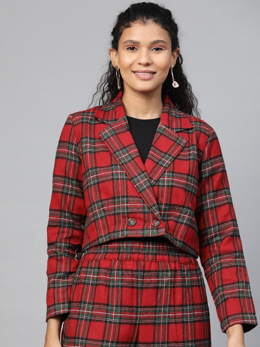Women's Red Check Crop Blazer