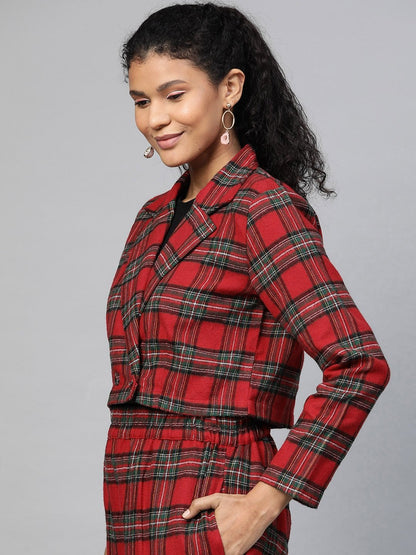 Women's Red Check Crop Blazer