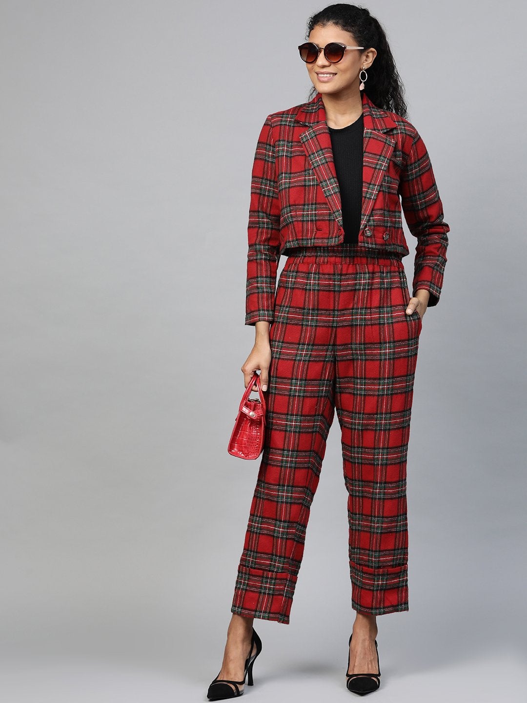 Women's Red Check Crop Blazer
