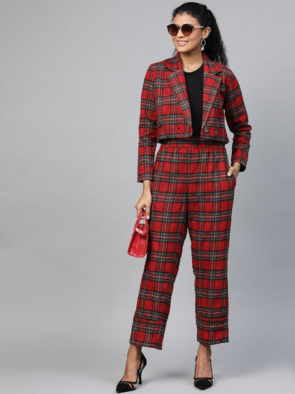 Women's Red Check Crop Blazer