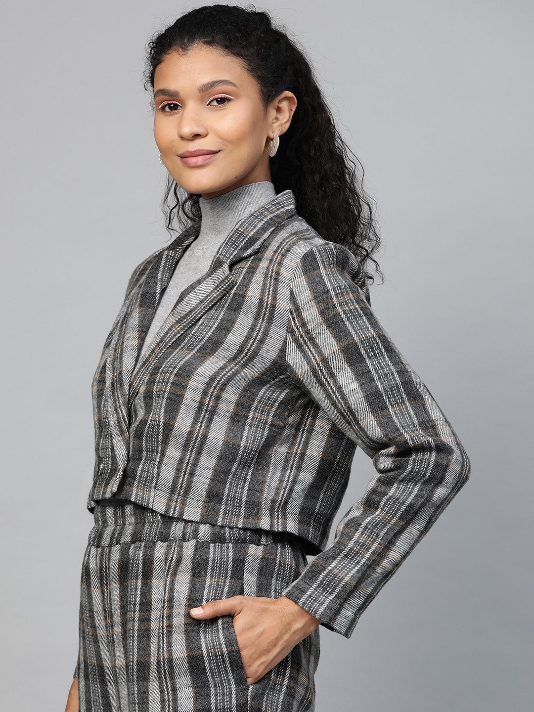 Women's Grey Check Crop Blazer