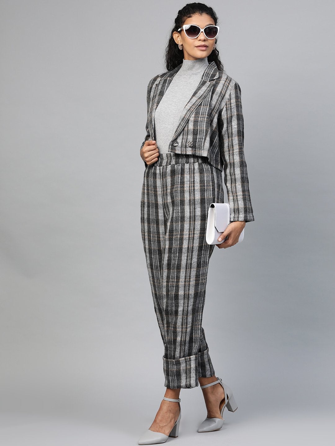 Women's Grey Check Crop Blazer
